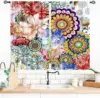 Boho Floral Kitchen Curtains, Bohemian Mandala Printed Vintage Peony Blossom Colorful Summer Spring Paisley Flower Vintage Small