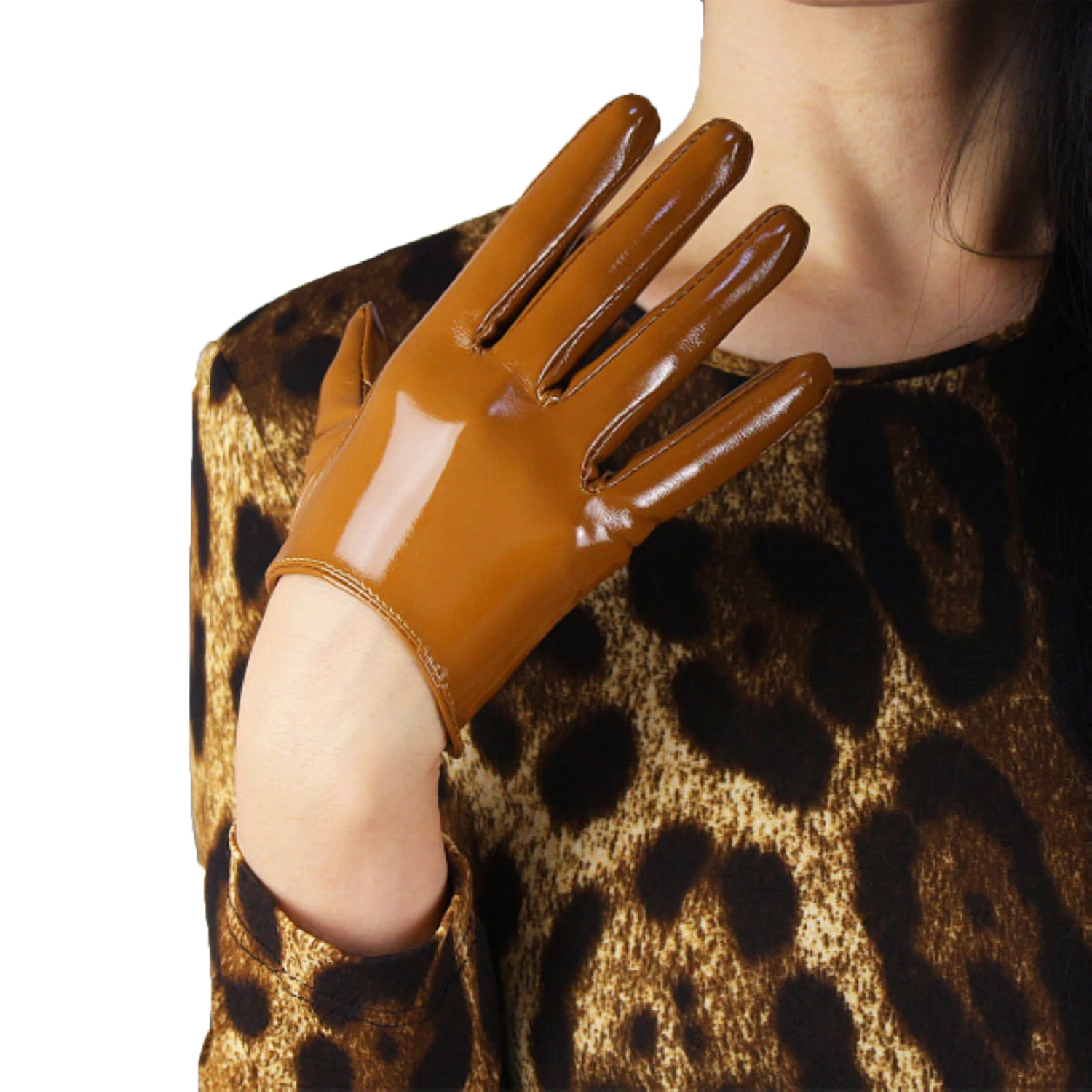 

Womens Super Short GLOVES 16CM Brown Tan Faux Leather Latex Wet Look Evening Prom Opera Dressing Halloween Custome Fashion