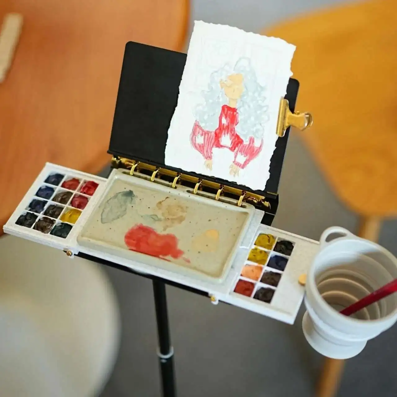 A7 크기 복고풍 스타일 블랙 골드 휴대용 수채화 이젤 휴대용 접이식 조절 텔레..