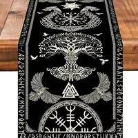Black Viking Sacred Tree Linen Table Runner Party Decor Celtic Raven Helmet of Awe Kitchen Dining Table Runner Home Table Decor 1