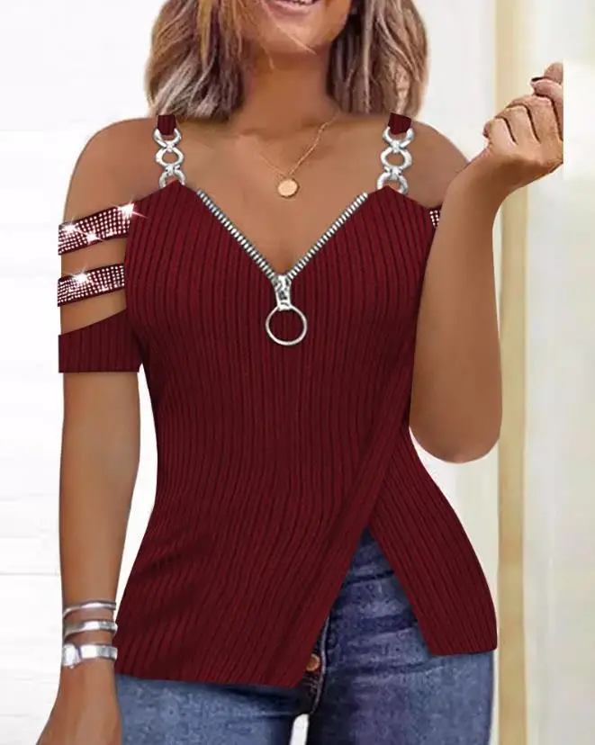 

Daily Women's Top 2023 Summer Fashion Rhinestone Decor Zip Detail Split Hem Cold Shoulder Top Basic Versatile T-shirt y2k