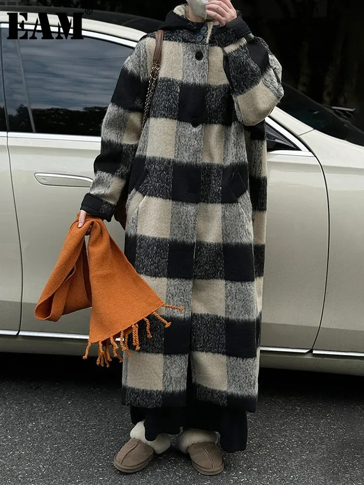 

[EAM] Plaid Big Size Long WarmThick Woolen Coat New Hooded Long Sleeve Women Jacket Fashion Tide Autumn Winter 2024 1DH2645