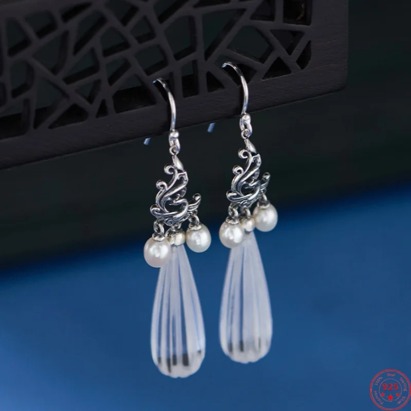 

S925 Sterling Silver Charms Drop Earrings for Women New Hollow Phoenix Tassel White Crystal Pearl Ear Drop Jewelry Free Shipping