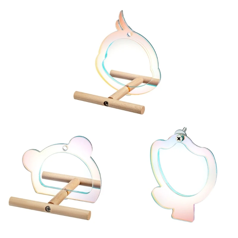 Parrot Mirror with Perch Stands Birds Stand Pole Natural Wooden Grinding Branch Paw Climbing Standing
