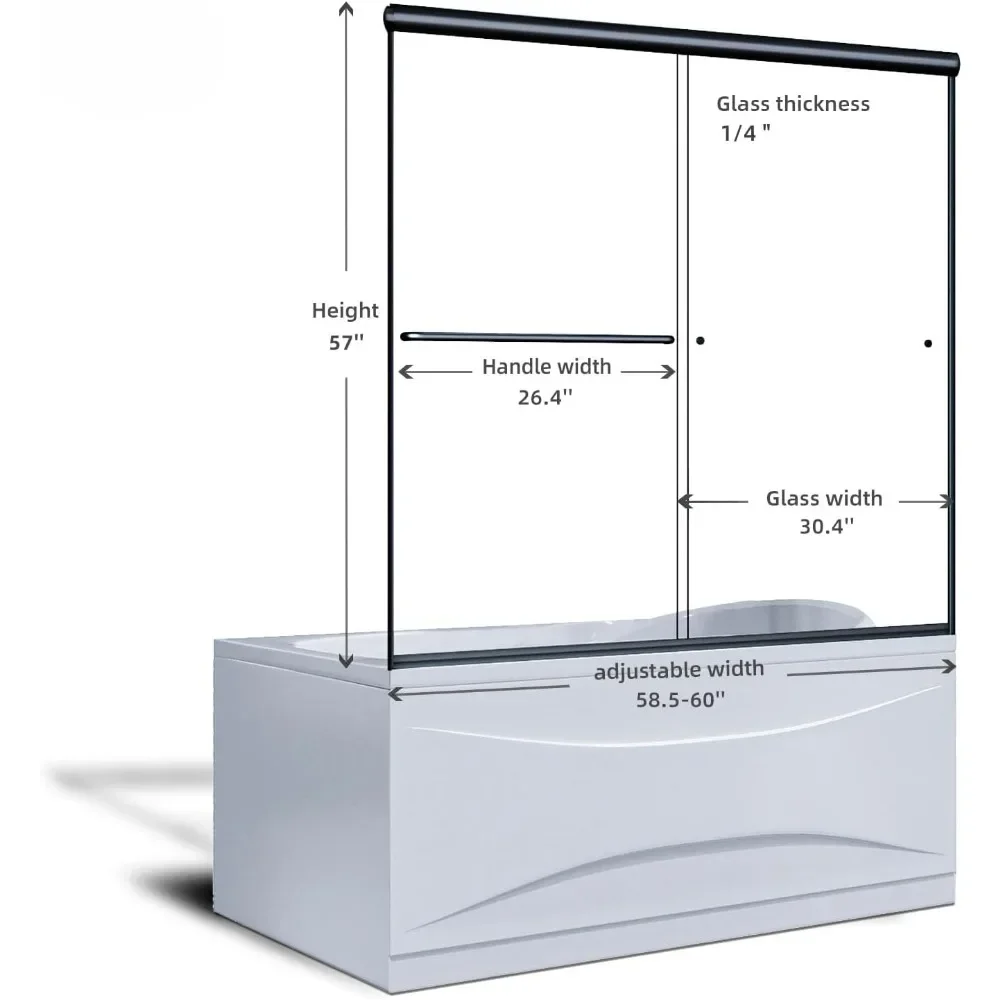 60 in. W X 57 in. H Shower Doors, 1/4 in. Clear Glass, Black Hardware, Double Sliding Glass Shower Doors 2