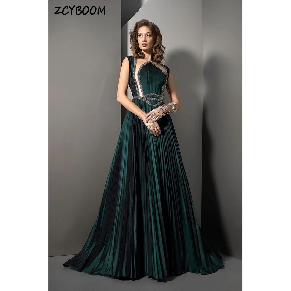 

Elegant Dark Green O-Neck Sequin Pleat Sleeveless Evening Dress 2023 Luxury A-Line Floor Length Zipper Custom Made Prom Dress