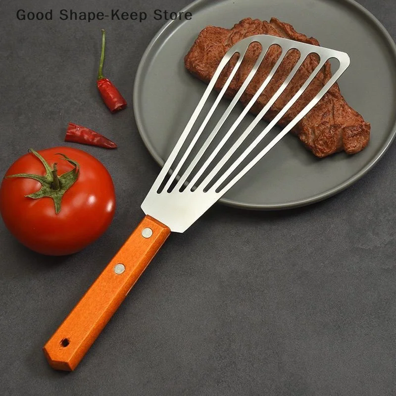 1PC Stainless Steel Cooking spatula Fish Frying Shovel With Wooden Handle Fan-shaped Shovel Household High-temperature Shovel 4