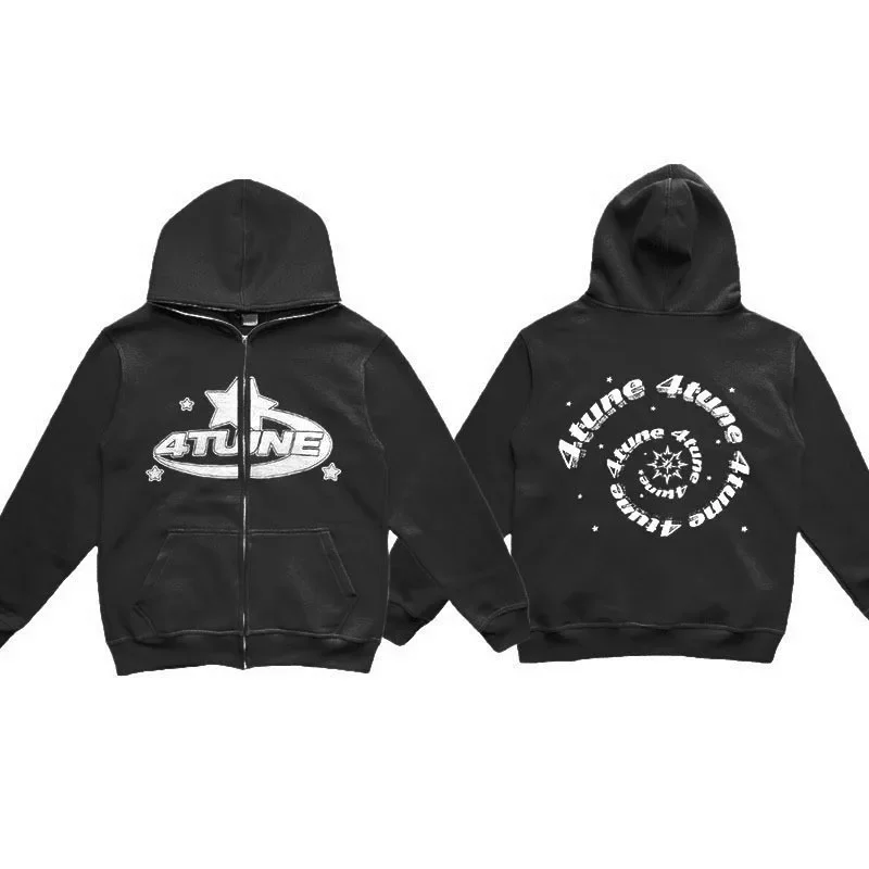 New Clothes 4tune Star Letter Print Retro Oversized Hoodie Man Y2K Street Hip-Hop Color Harajuku Casual Zipper Women Sweatshirt