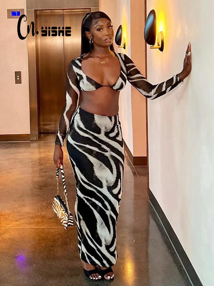 CNYISHE Elegant V-neck Sexy Top and Maxi Skirt Matching Set for Women Party Club Zebra Print Two Piece Sets Women's Skirts Suits