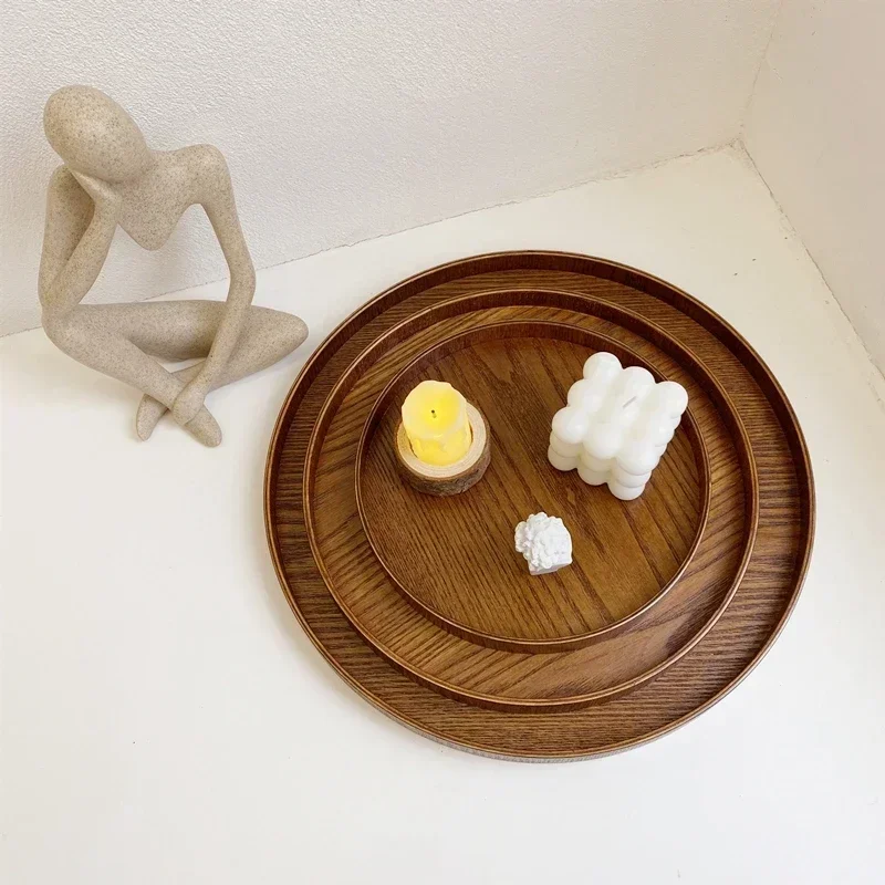 Nordic Decorative Tray Wooden Tray Retro Round Serving Plate Fruit Dessert Storage Trays Coffee Cup Mat Pad Home Decor  나무 트레이 6