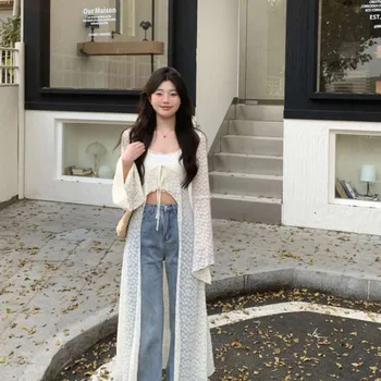 2026 Summer New Lace Oversized Cardigan Y2k E-Girl V-neck Up All-match Shirts Mujer Mid-length Long Sleeve Tops Women 1