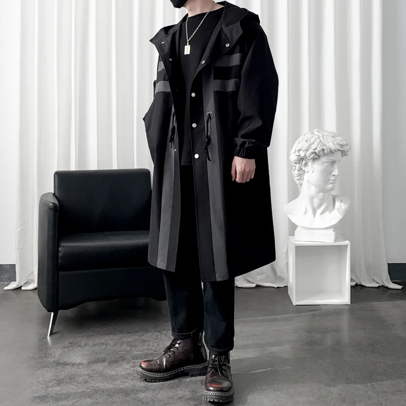 2024 Spring Mens Windbreaker Trenchcoat Patchwork Color Medium Long Korean Covered Button Hooded Trench Outwear