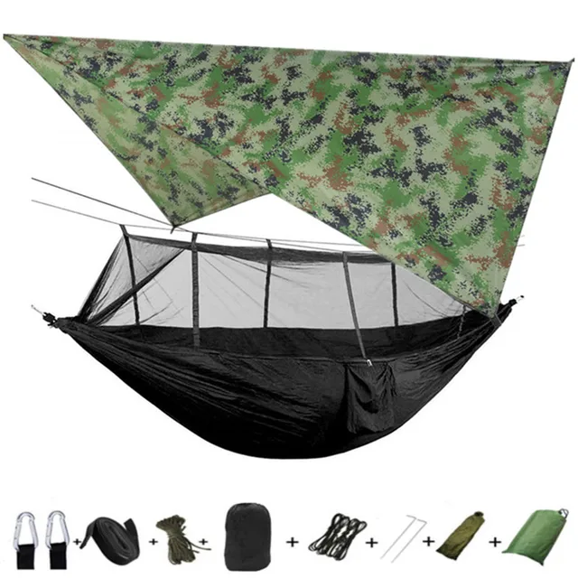 Lightweight Portable Camping Hammock and Tent Awning Rain Fly Tarp Waterproof Mosquito Net Hammock Canopy 210T Nylon Hammocks camouflage and black