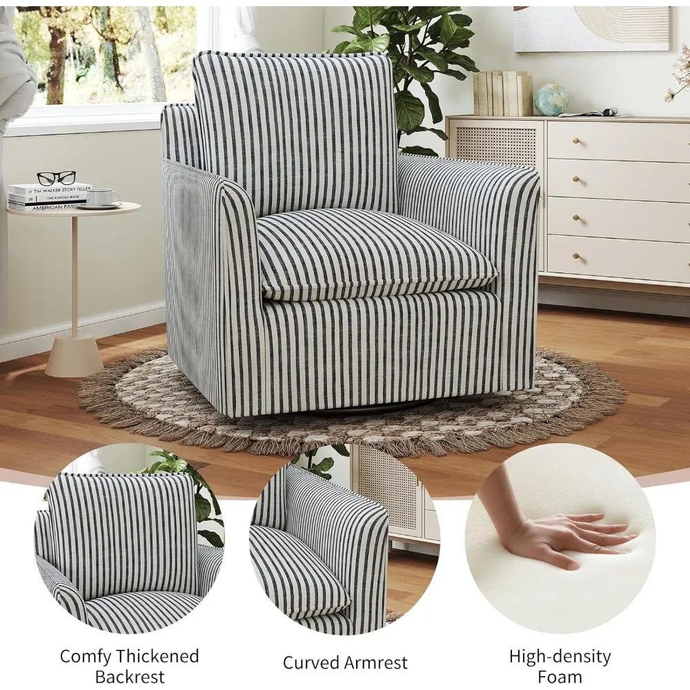 Swivel Accent Chair with Padded Backrest, 360° Rotating for Living Room Bedroom Small Spaces, Blue Stripe