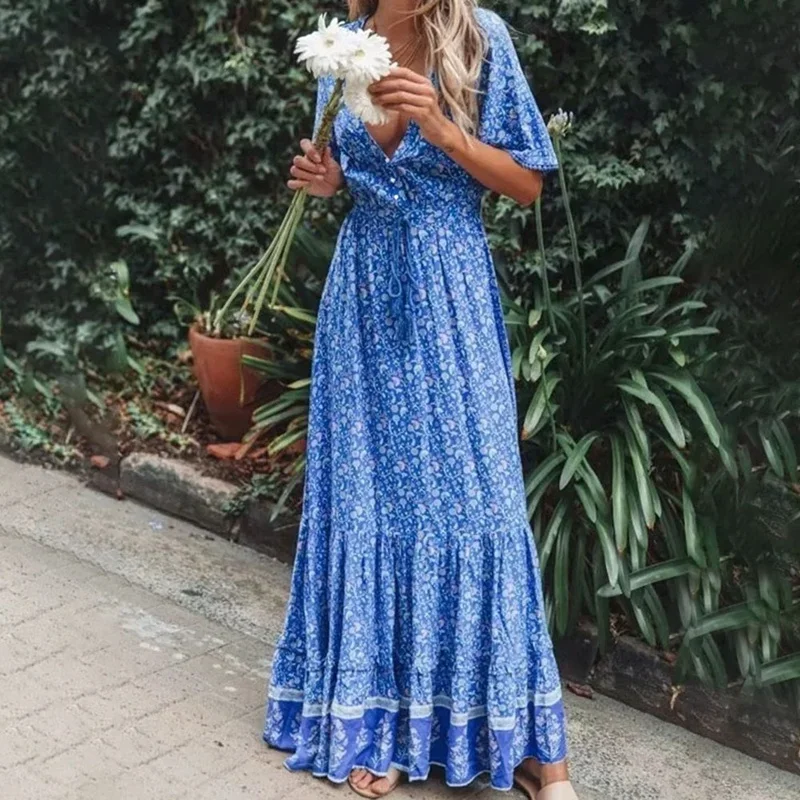 

Women Summer Short Sleeve Boho Maxi Dress Floral Print V Neck High Waist Dress Retro Beach Tassel Tied Long Dresses Cottagecore