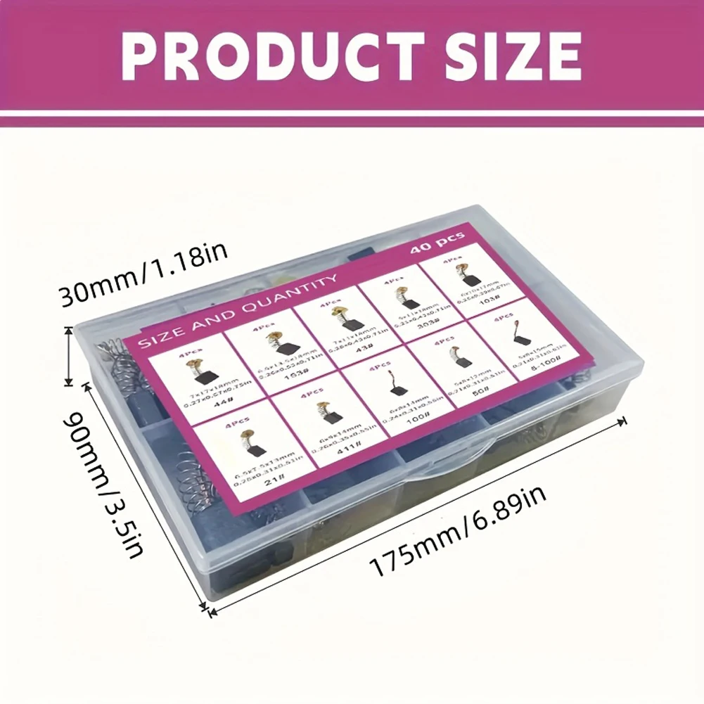 40Pcs Electric Motor Carbon Brushes 10 Different Sizes for Replacement Repair Power Tool Part