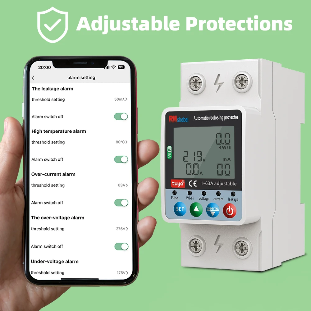 RMshebei Smartlife Wifi Circuit Breaker Measuring Tuya MCB Smart Electric Meter Kwh 63A Overload 110V220V Voltage Protector smart switch