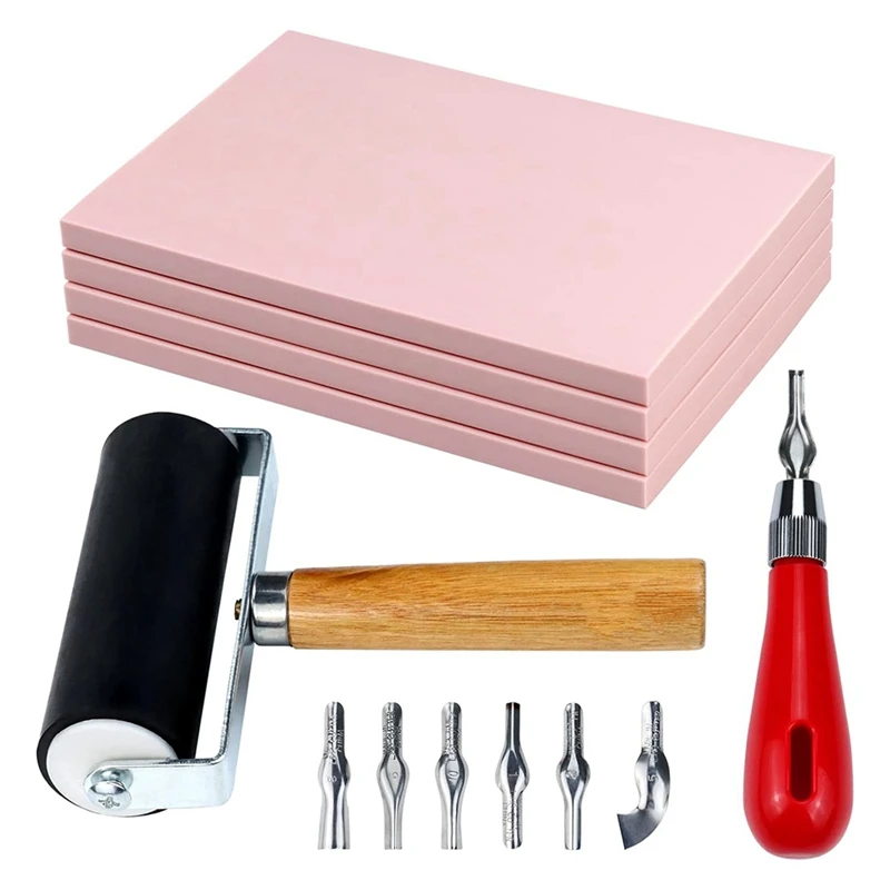 

4 Pack Rubber Block Stamp Carving Blocks With Cutter Tools And Rubber Brayer Roller For Printmaking And More Crafts Kit