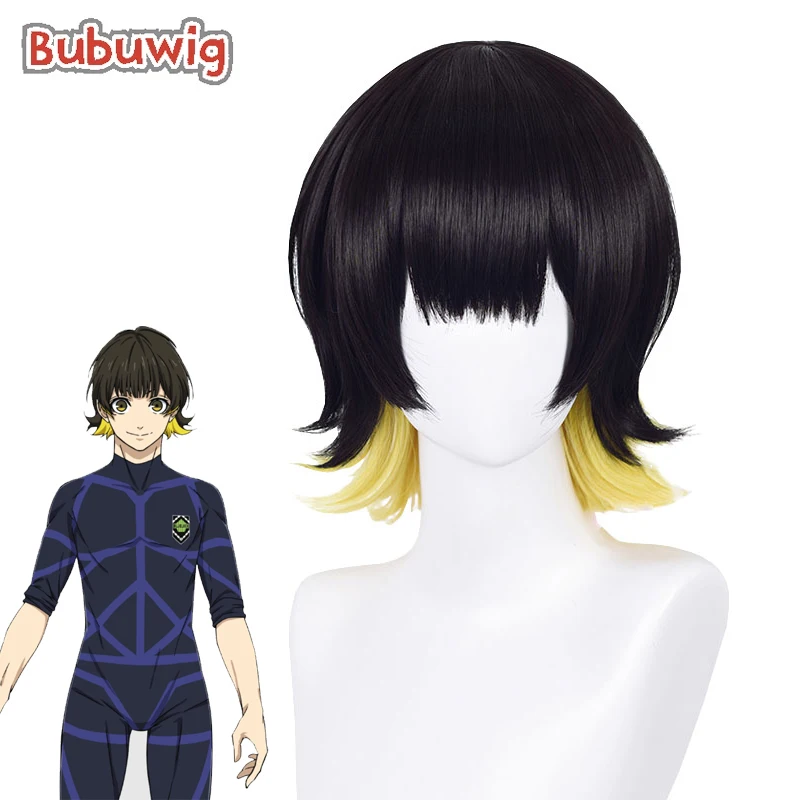 Bubuwig Synthetic Hair Bachira Meguru Cosplay Wigs Anime BLUE LOCK Bachira Meguru 35cm Black Mixed Yellow Wig Heat Resistant