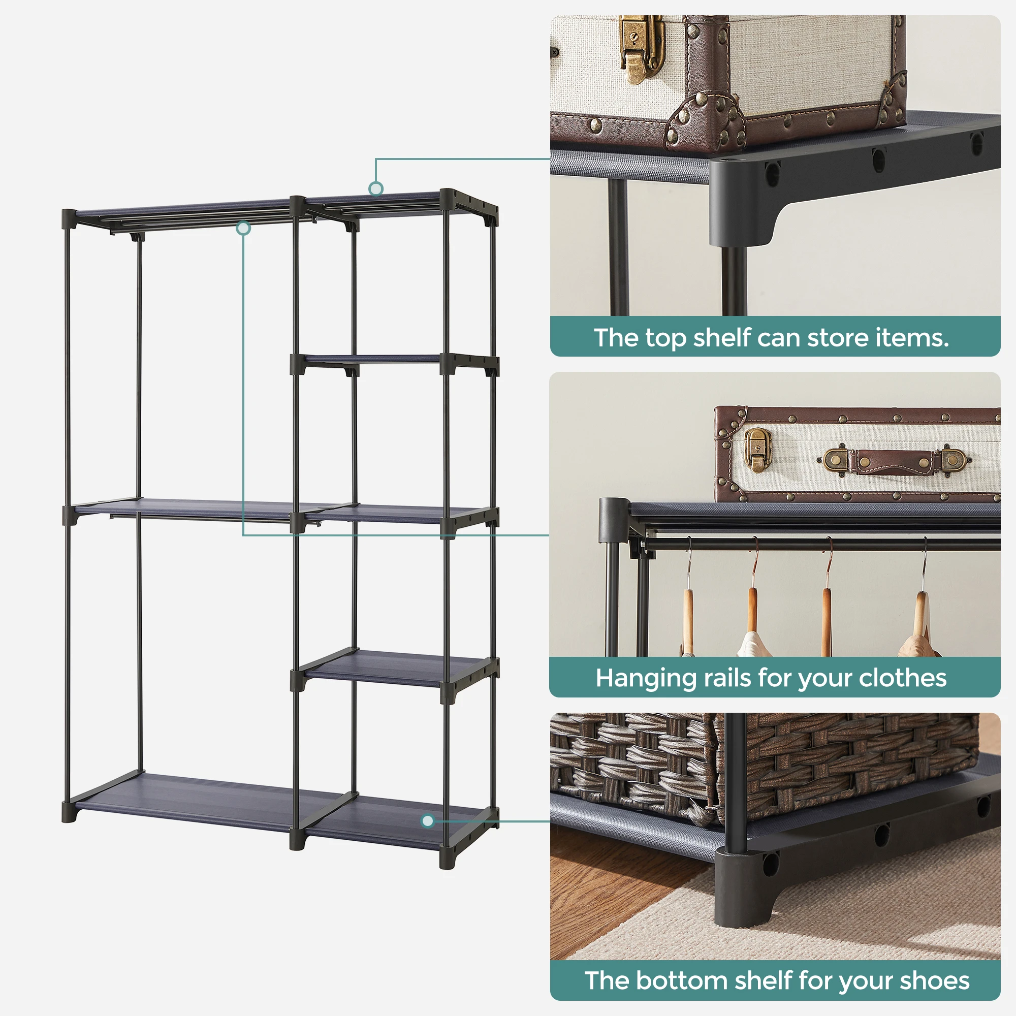 SONGMICS Portable Closet, Freestanding Closet Organizer, Clothes Rack with Shelves, Hanging Rods, Storage Organizer 4