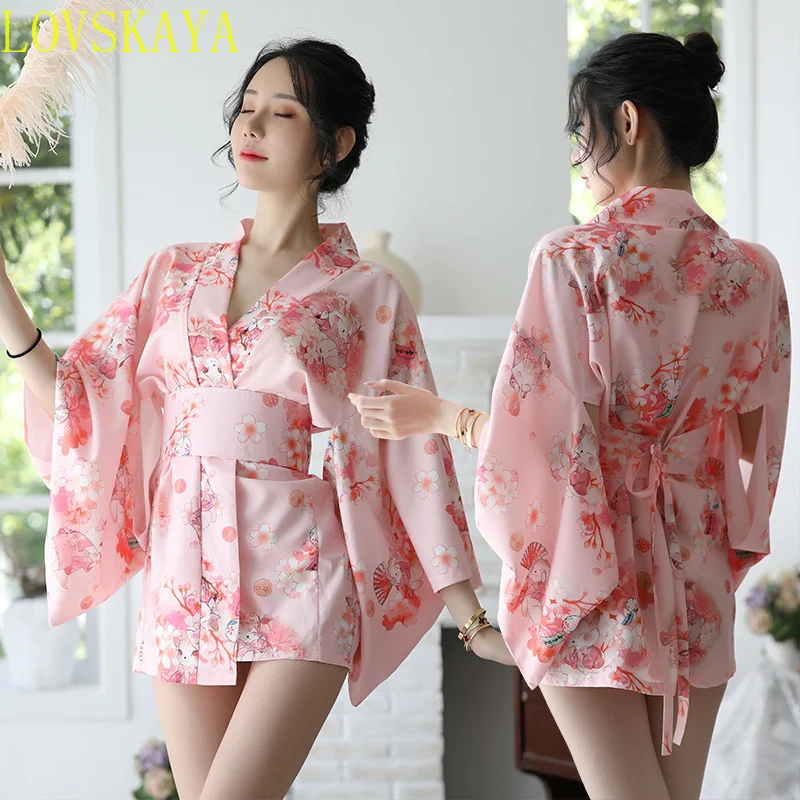 New tempting Japanese printed kimono provocative nightgown bathrobe set