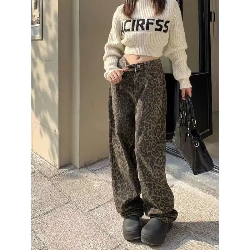 

New Vintage Leopard Print Pantalon Femme Wide Leg Pants Women High Waist Straight Y2k Jeans Casual Fashion Korean Jean Trousers