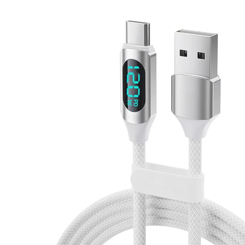 كابل بشاشة رقمية 1 متر/2 متر 120 واط، شحن سريع PD للهواتف المحمولة، سلك بيانات USB من النوع C لأجهزة ماك بوك وآيباد وiOS وأندرويد، USB-C