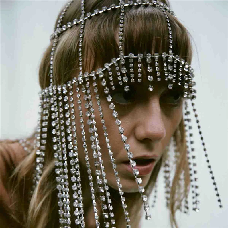

Luxury Flash Long Tassel Hair Chain Rhinestone Head Chain for Women Nightclub Crystal Headband Hat Bridal Headpiece Jewelry