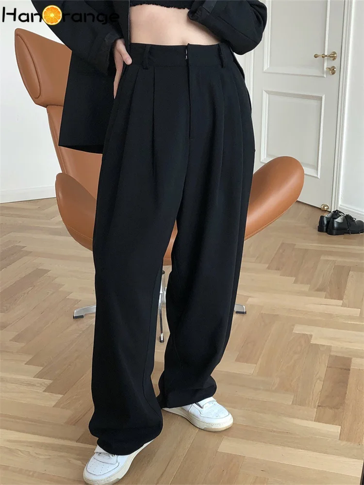 HanOrange Spring Autumn Fashion High Waist Wide Leg Pants Women Loose Drape Carrot Trousers Casual Female Black/denim Blue