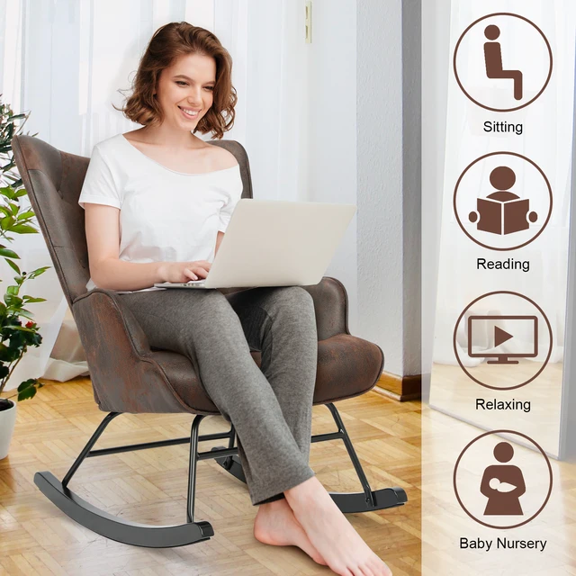 Rocker Glider Chair Modern Rocking Chair with Wooden Base High Backrest and Armrests Padded Seat Comfy Upholstered Chair 2