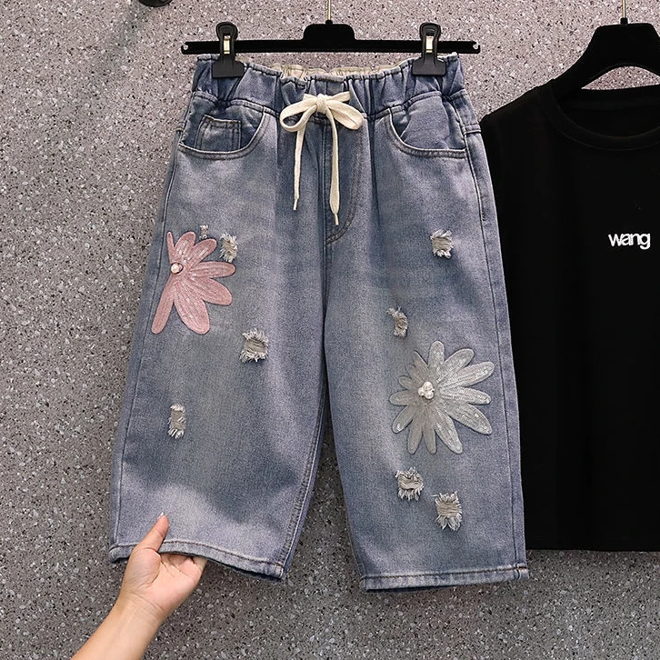 Slimming Daisy Embroidered Harlan Jeans Five-Quarter Length Universal Sle Women's Faionable Summer Elastic Waist Denim Pants