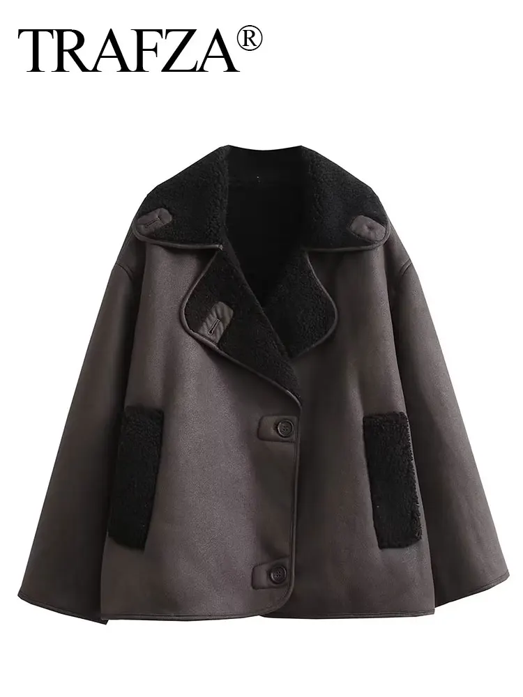 HH Women Vintage Faux Leather Jackets Autumn Winter Warm Wool Blends Single Breasted Coat With Pockets High Street Outerwear