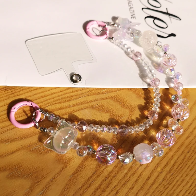 Curto Cristal Contas Penduradas Cadeia para Menina Cordão do Telefone Móvel Estilo Clip Anti-perda Telefone Case Corrente Dupla - Image 3