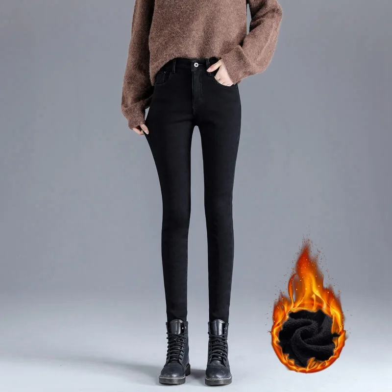 High Waist Plush Lined Jeans Winter Thicken Slim Denim Pants Women's Skinny Vintage Leggings Trousers Fashion Warm Pencil Pants