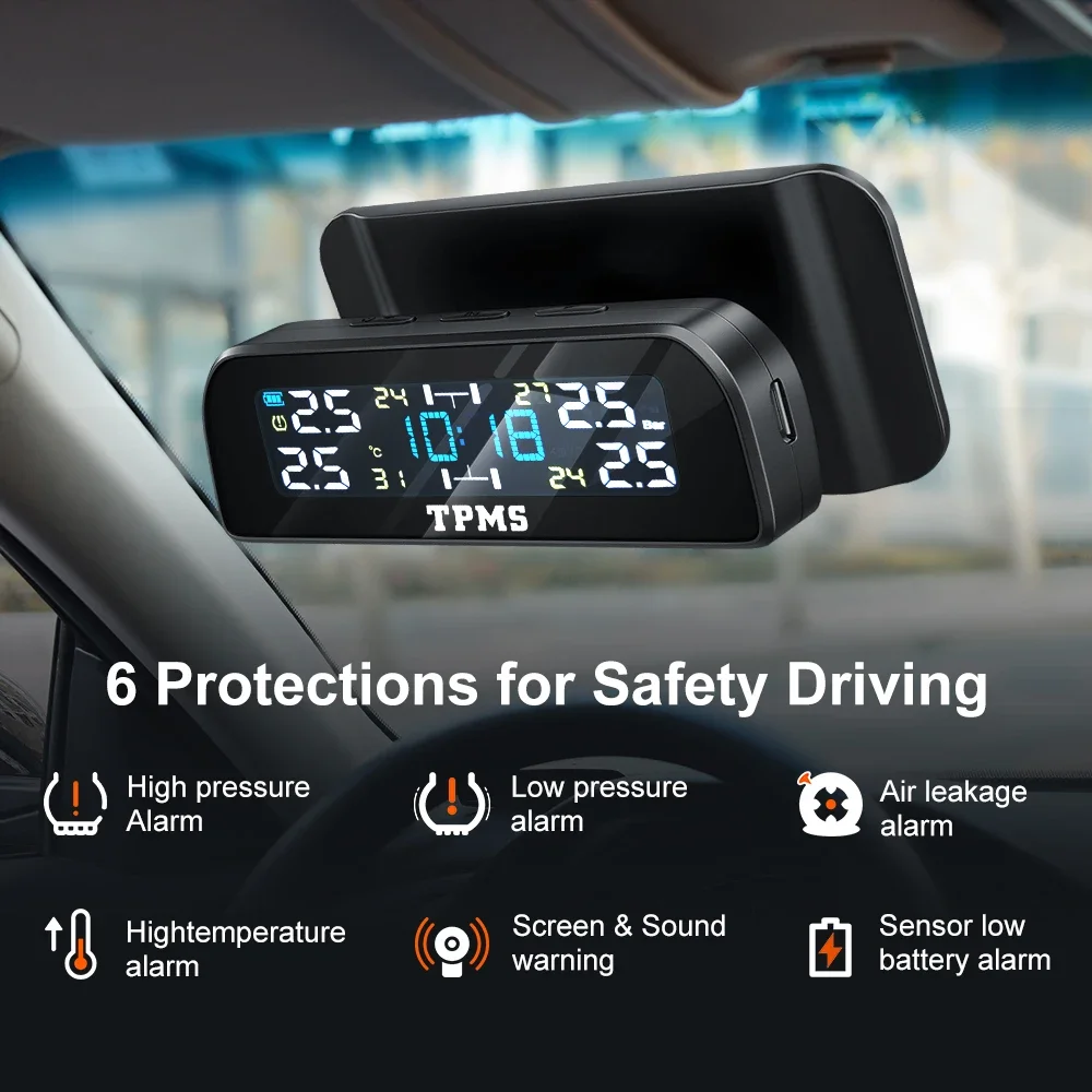 TPMS Car Tire Pressure Sensors Solar Tire Pressure Monitoring System TMPS Temperature Alarm Auto 4 Wheel Tyre External Sensor