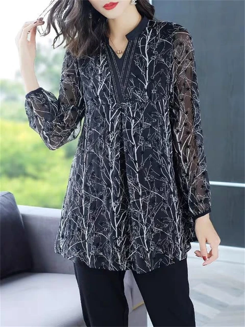 Fashion Women Spring Summer Style Chiffon Blouses Women Csual Long Sleeve  Plus Size Print Loose Shirt