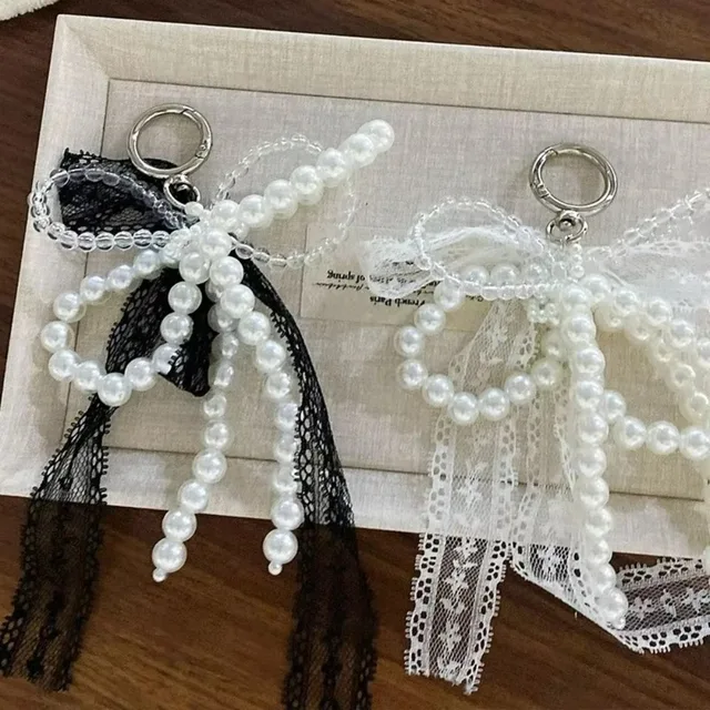 Porte-clés en dentelle mignon, nœud blanc/noir, pendentif de sac, chaîne de téléphone, accessoire d'emballage 1