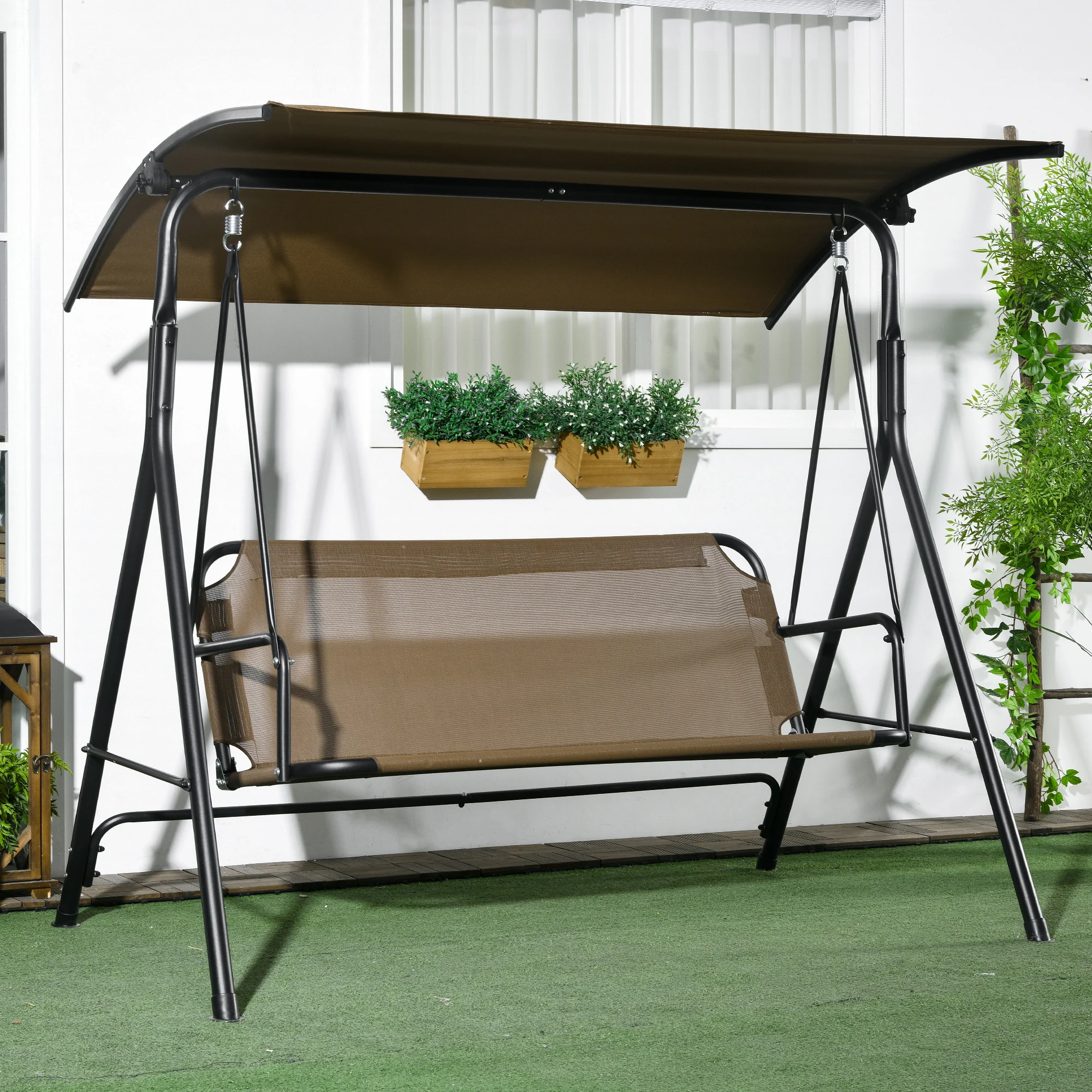 Outsunny 3-Person Porch Swing with Adjustable Tilt Canopy, Brown 2