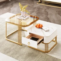 Anajqaqia Ensemble de 2 tables basses empilables, aspect marbre brillant et plateau en verre, accents dorés, table d'appoint avec tiroirs 3