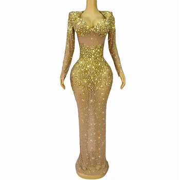 Sexy Stage Elegant Luxury Evening Shining Gold Rhinestones Dress Women Cocktail Party Gowns Birthday Stage Photoshoot Costume 1
