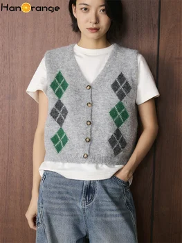 HanOrange 2026 Winter Retro Relaxation Argyle Sleeveless Wool Cardigan Women Sweater Vest V-neck Knitted Top Grey/Navy Blue