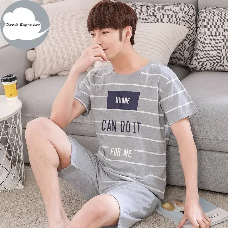 Summer Knitted Cotton Short Sleeved Men's Pajamas Sets Male Pajama Set Letter Pajama For Men Sleepwear Suit Homewear Size xXXXL - Image 5