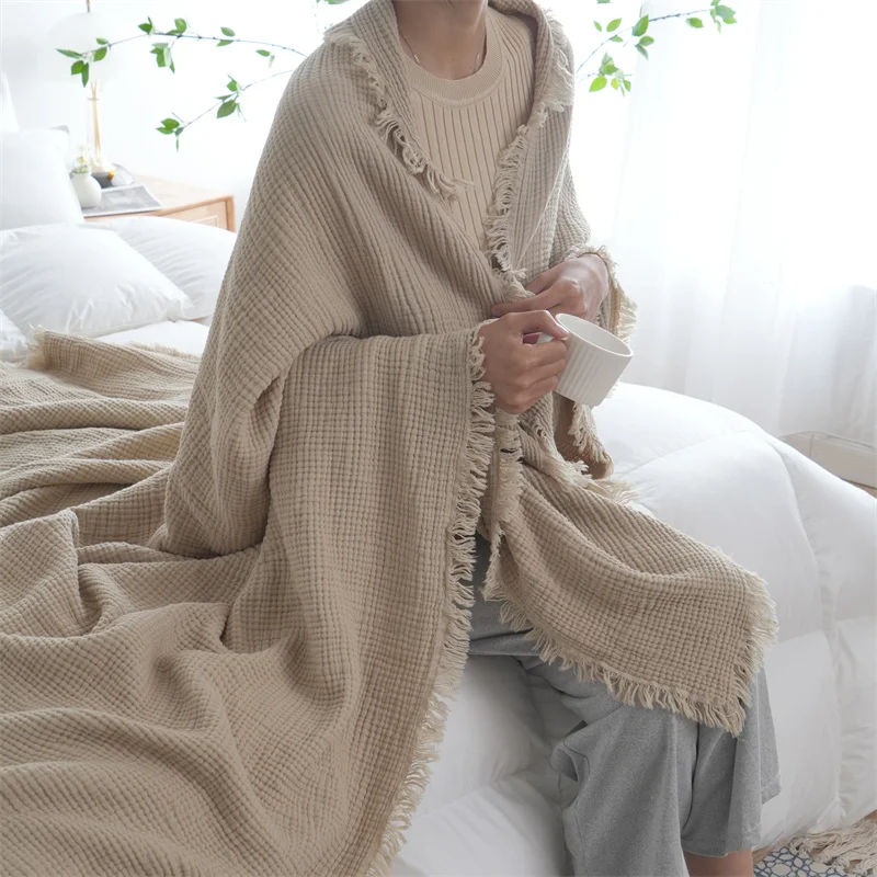 100% Cotton Blanket Yarn Dyed Shawl Tassels Style Plaid Jacquard Blankets Skin-friendly Bed Linen High Quality Gift cobertor 3