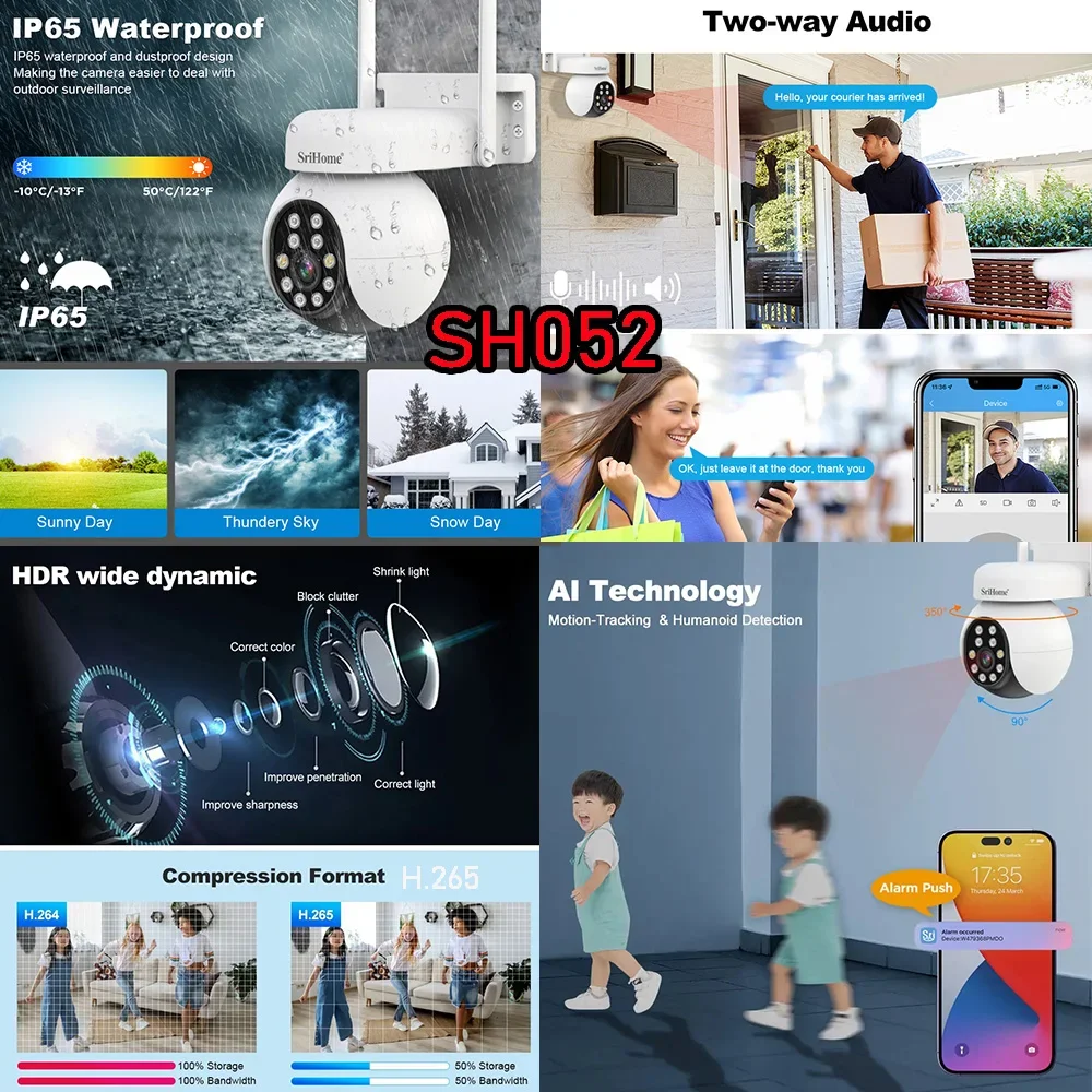 SriHome SP028 2MP SH052 5MP PTZ WiFi Camera Ai Auto Tracking Outdoor IP Camera 2-Way Audio Color Night Vision CCTV Surveillance 3
