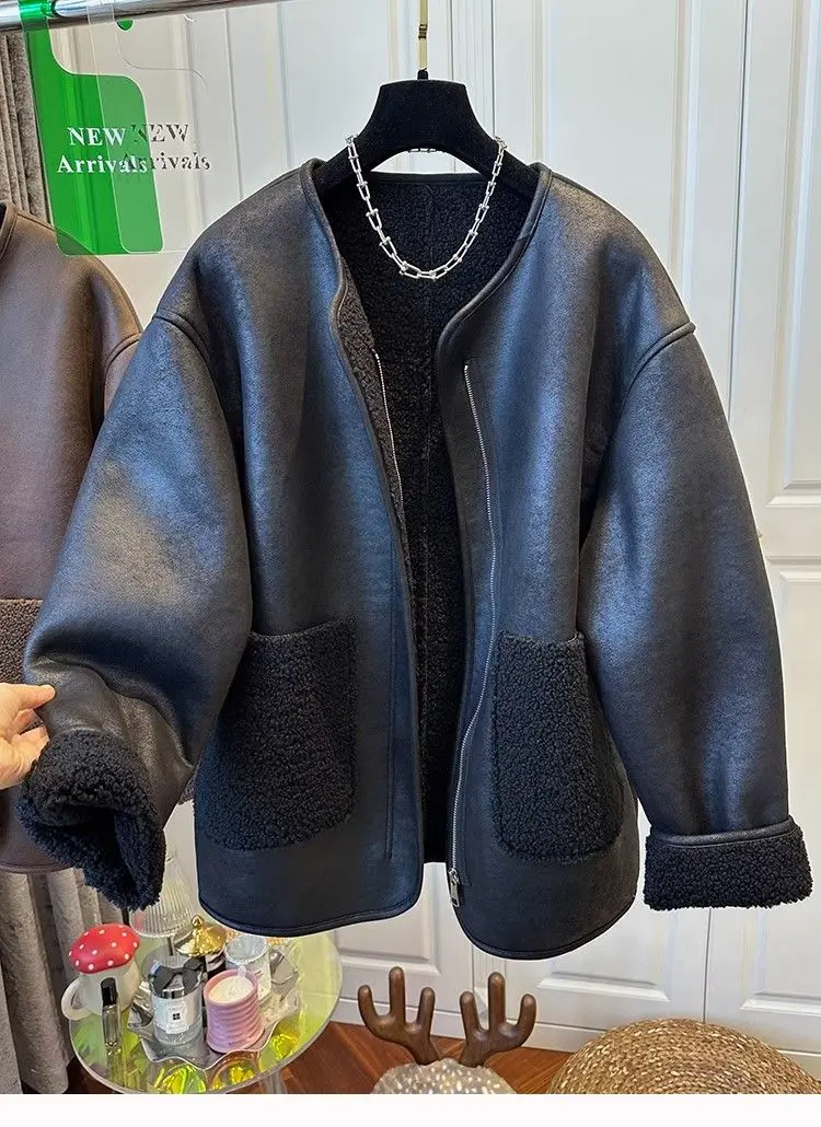 Women's Super Cute Zipper Fur Patchwork One-piece Round Neck Coat Top Warm Casual Winter Best Seller Coats and Jackets Women