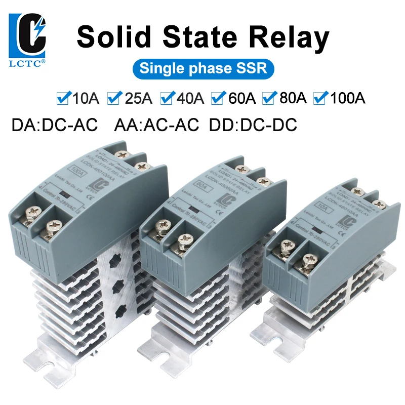 

LCTC Solid State Relay 10A 25A 40A 60A 80A 100A 120A Din Rail Relay With Radiator SSR Single Phase AC-AC DC-DC