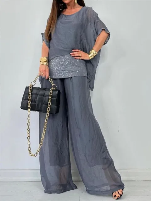 Women's Autumn New Chiffon Round Neck Half-sleeved Short-sleeved Fashion Sequined Patchwork Trousers Lady Casual Two-piece Set 2