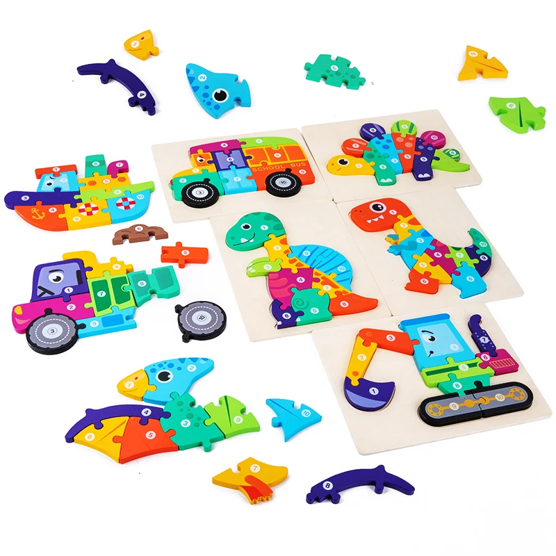 

Montessori Wooden Puzzles Kids 3D Colorful Wooden Puzzle for Toddlers Dinosaur Toy Tangram Jigsaw Board Matching Puzzle Toy