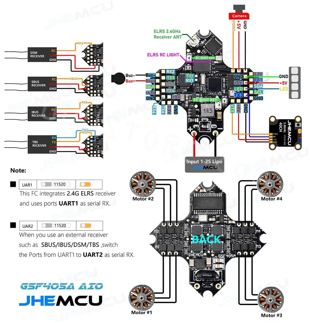 JHEMCU GSF405A AIO MPU6000 F405 Flight Controller BLHELIS 5A 4in1 1-2S ESC ELRS 2.4Ghz RX 25.5X25.5mm for FPV Drone RC DIY Parts 6