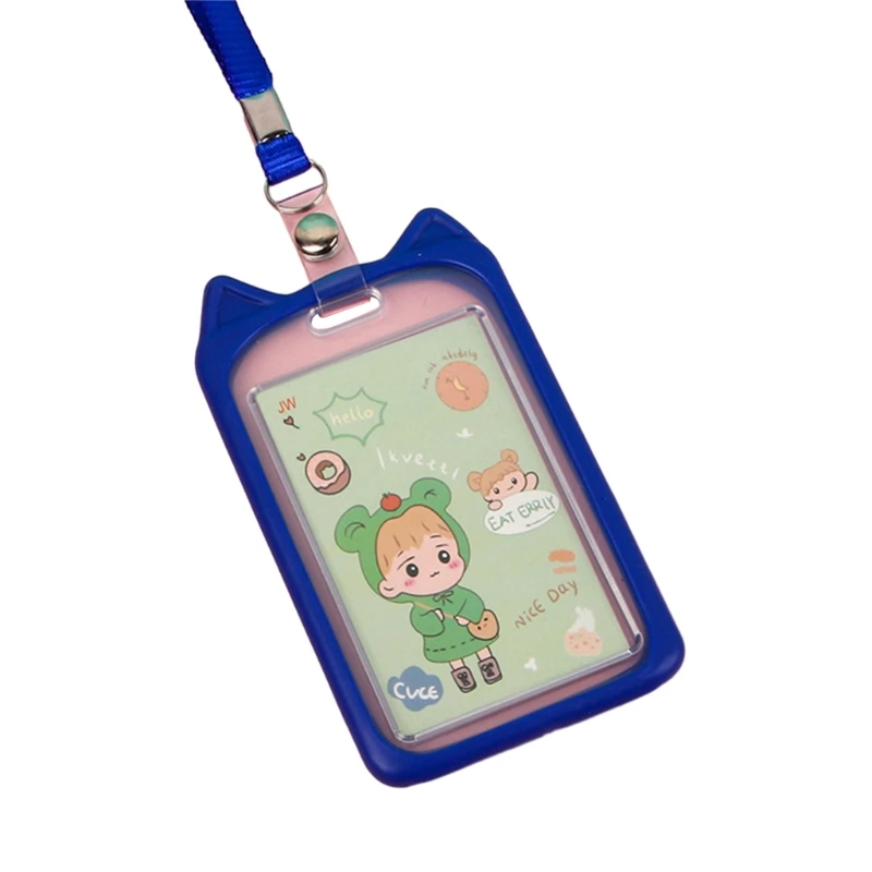 Cartoon Silicone Card Cover Cat Ear Badge Holder Vertical with Lanyard Neck Strap for Cat Lovers